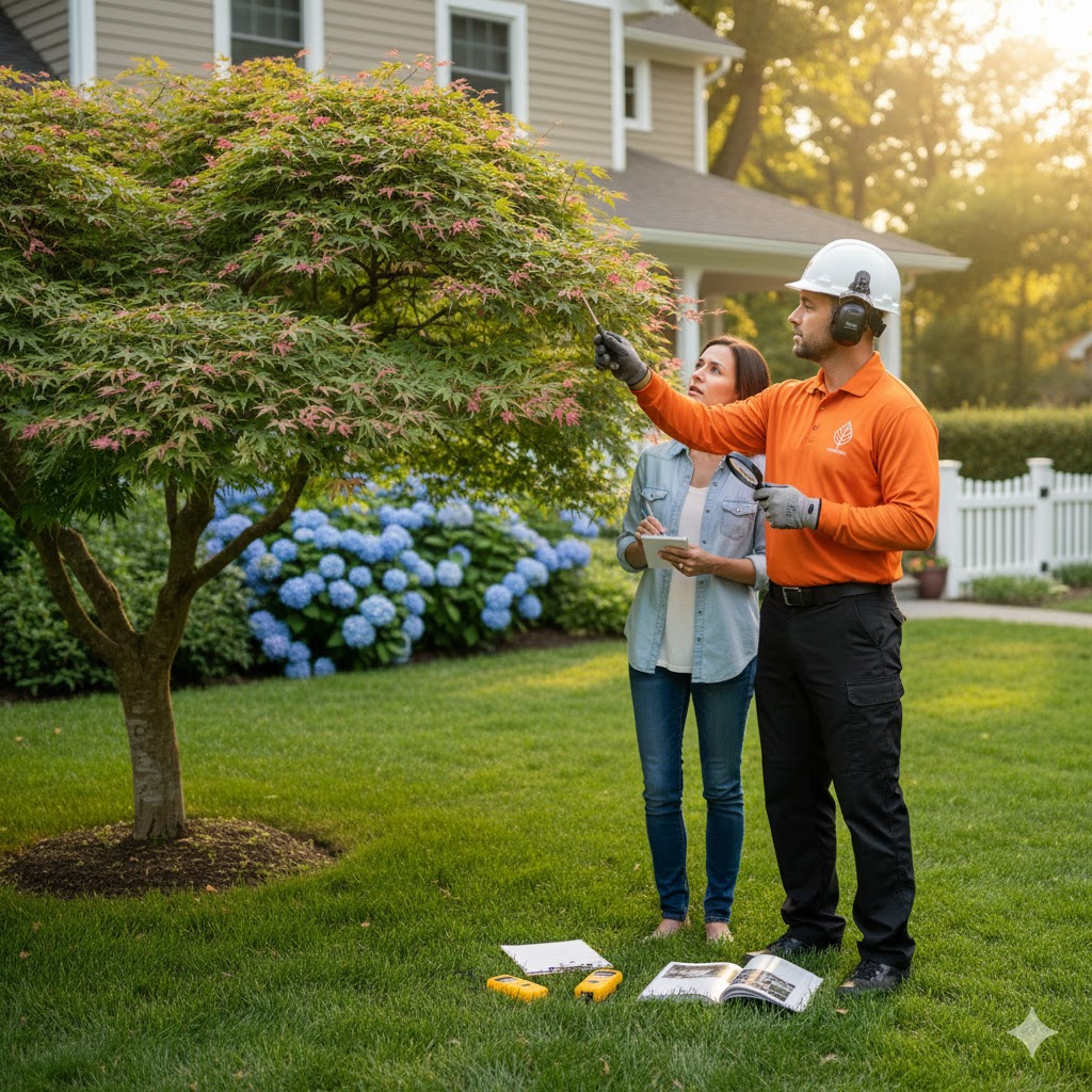 Certified arborist inspecting a tree's health.