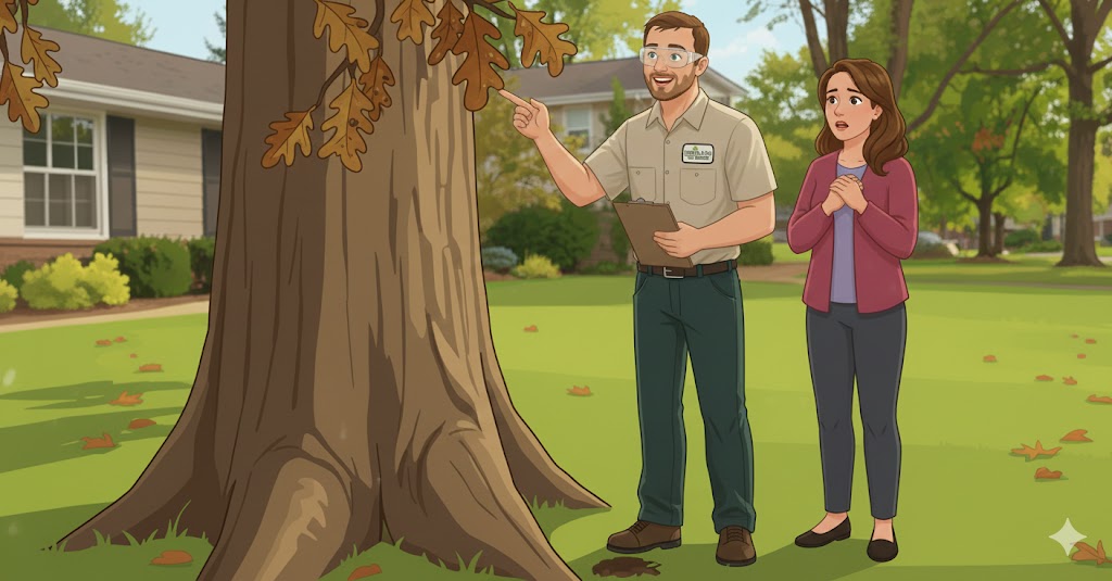 Hartland Tree Service arborist discussing disease management with homeowner