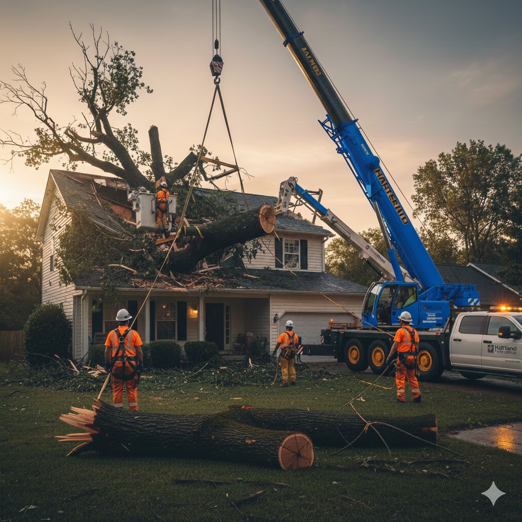 Emergency tree removal after a storm, fallen tree on a roof.