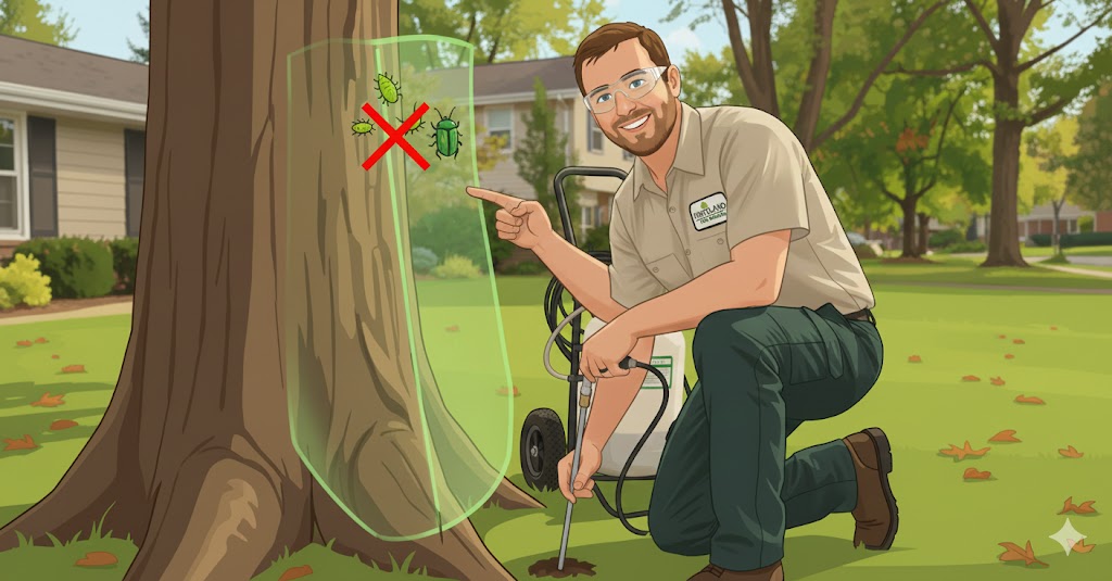 Hartland Tree Service arborist demonstrating pest control on a tree