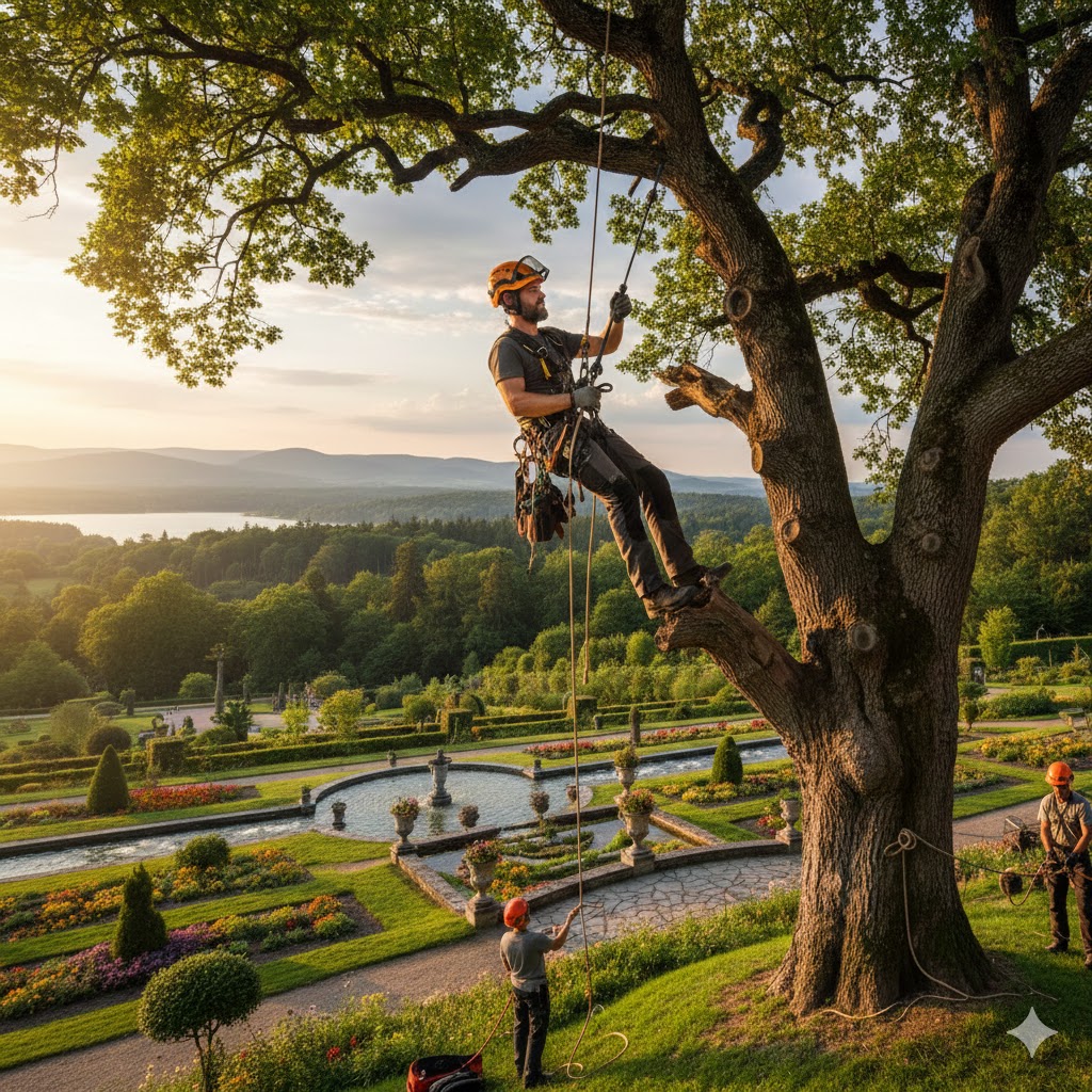 A Picture of an Oak Tree being pruned.