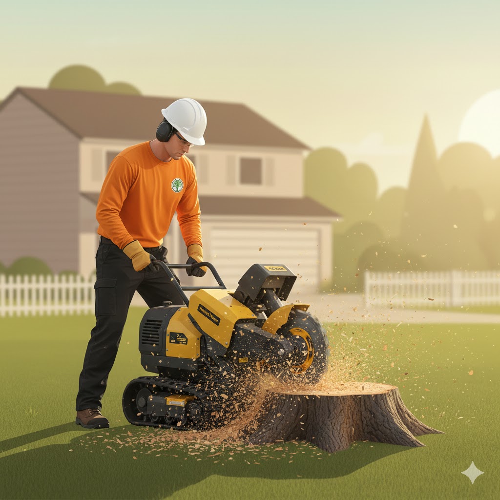 Hartland Tree Service crew operating a stump grinder.