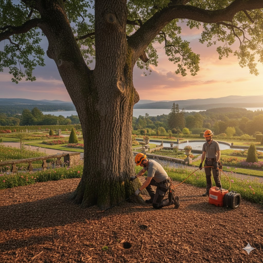 Arborist applying deep root fertilization to a large shade tree.