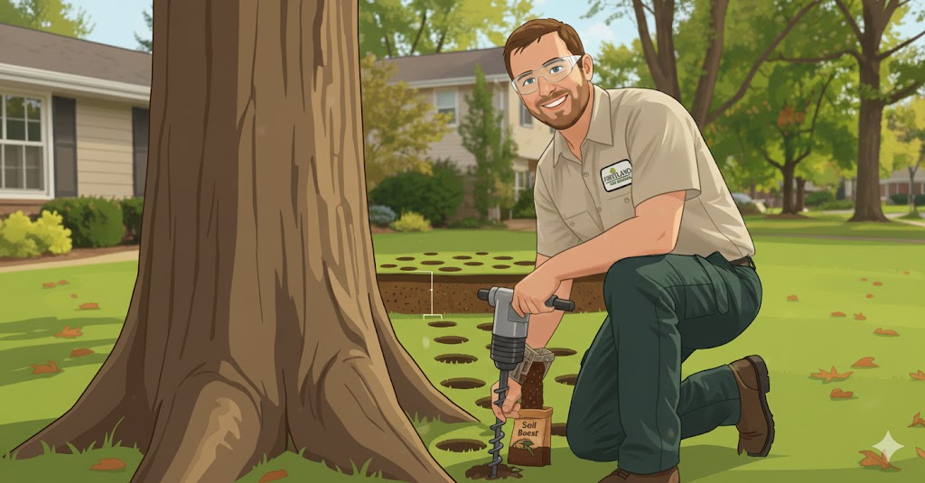 Hartland Tree Service arborist performing vertical mulching to aerate soil